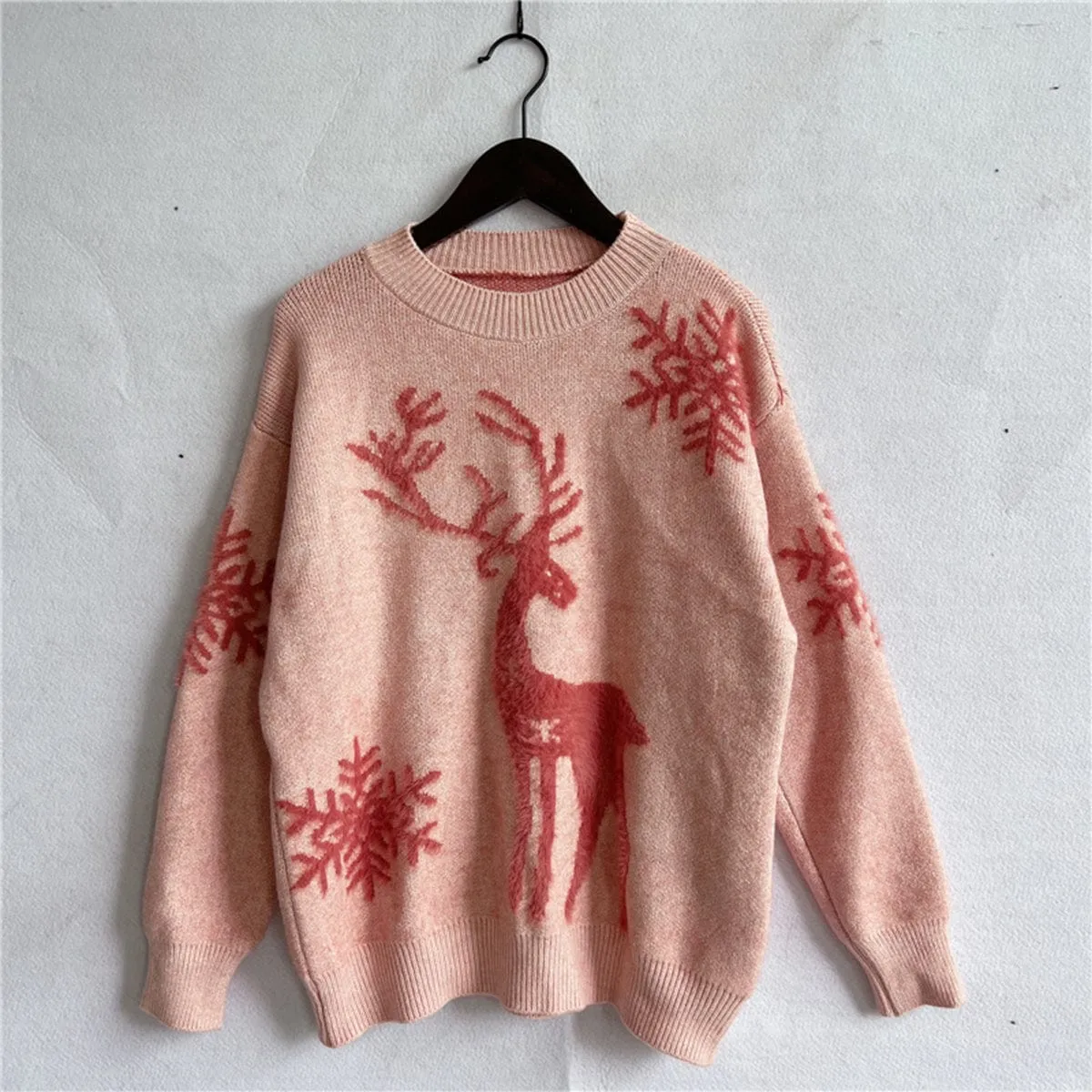 Blush Pink Reindeer and Snowflake Pattern Women's Christmas Holiday Sweater