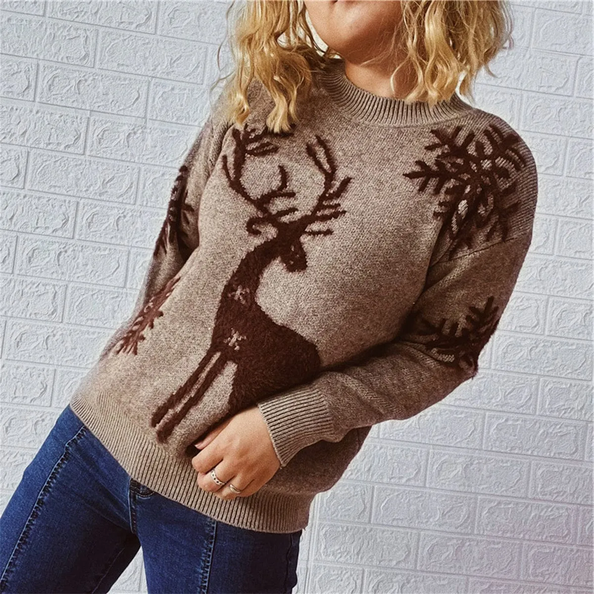 Blush Pink Reindeer and Snowflake Pattern Women's Christmas Holiday Sweater