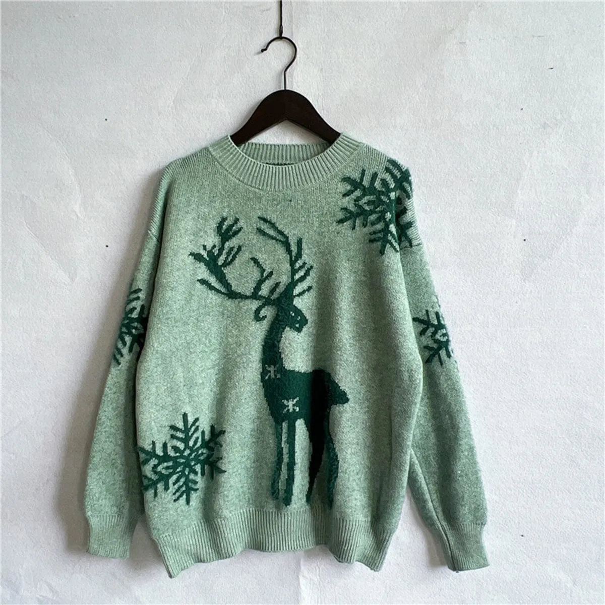 Blush Pink Reindeer and Snowflake Pattern Women's Christmas Holiday Sweater