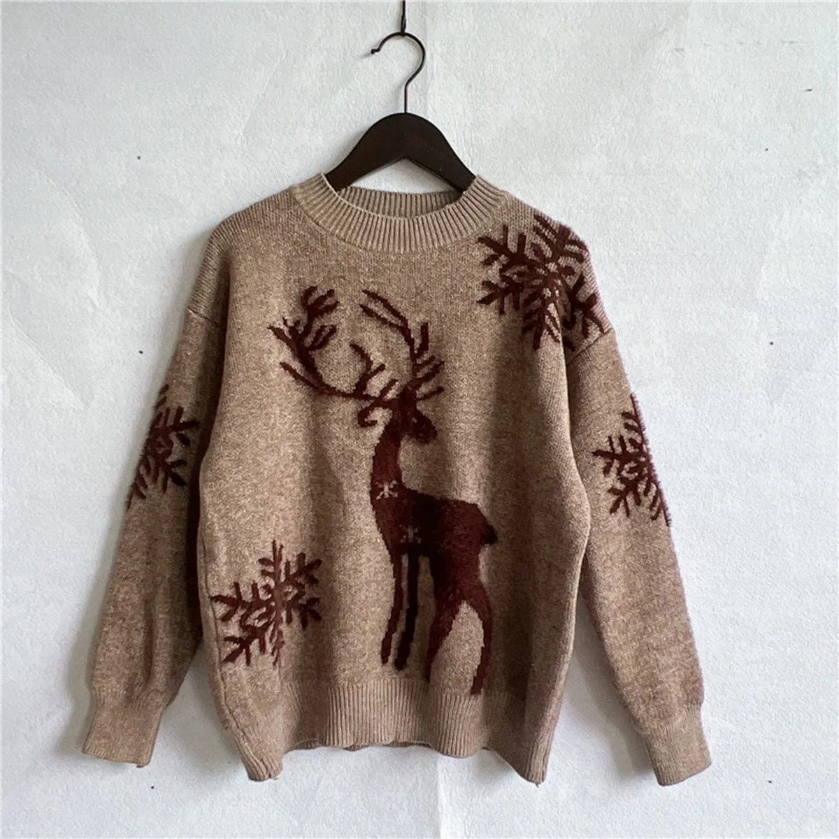 Blush Pink Reindeer and Snowflake Pattern Women's Christmas Holiday Sweater