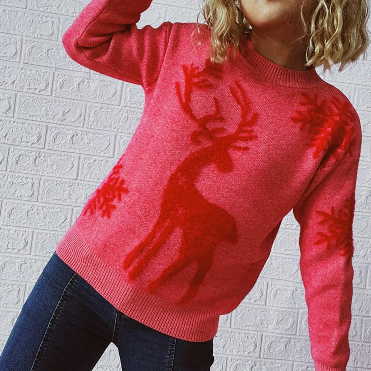 Blush Pink Reindeer and Snowflake Pattern Women's Christmas Holiday Sweater