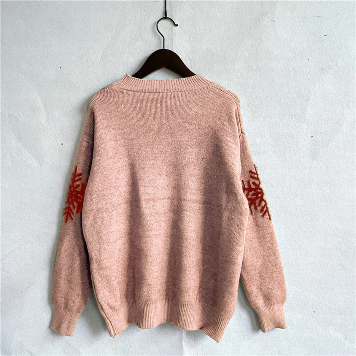 Blush Pink Reindeer and Snowflake Pattern Women's Christmas Holiday Sweater