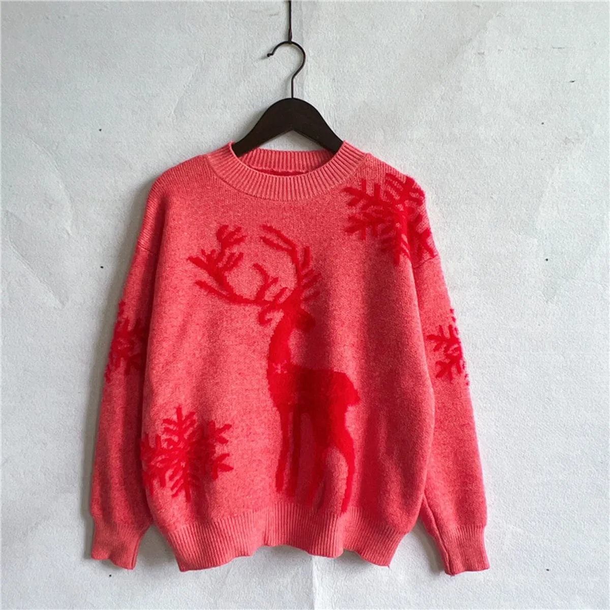 Blush Pink Reindeer and Snowflake Pattern Women's Christmas Holiday Sweater