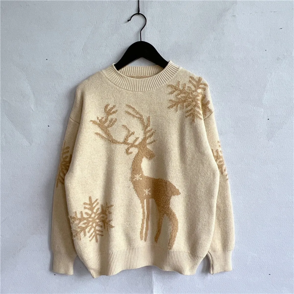 Blush Pink Reindeer and Snowflake Pattern Women's Christmas Holiday Sweater