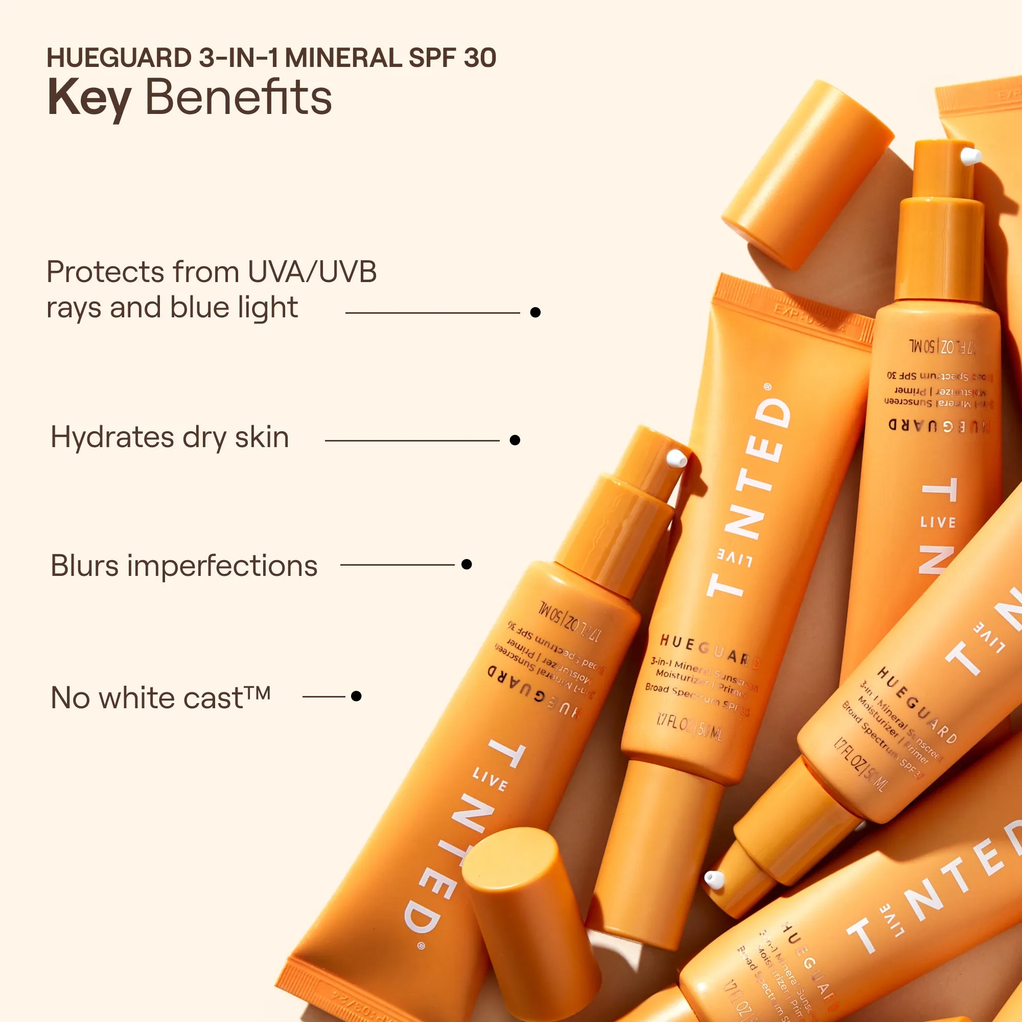 Hueguard® 3-in-1 Mineral Sunscreen, Moisturizer, Primer SPF 30