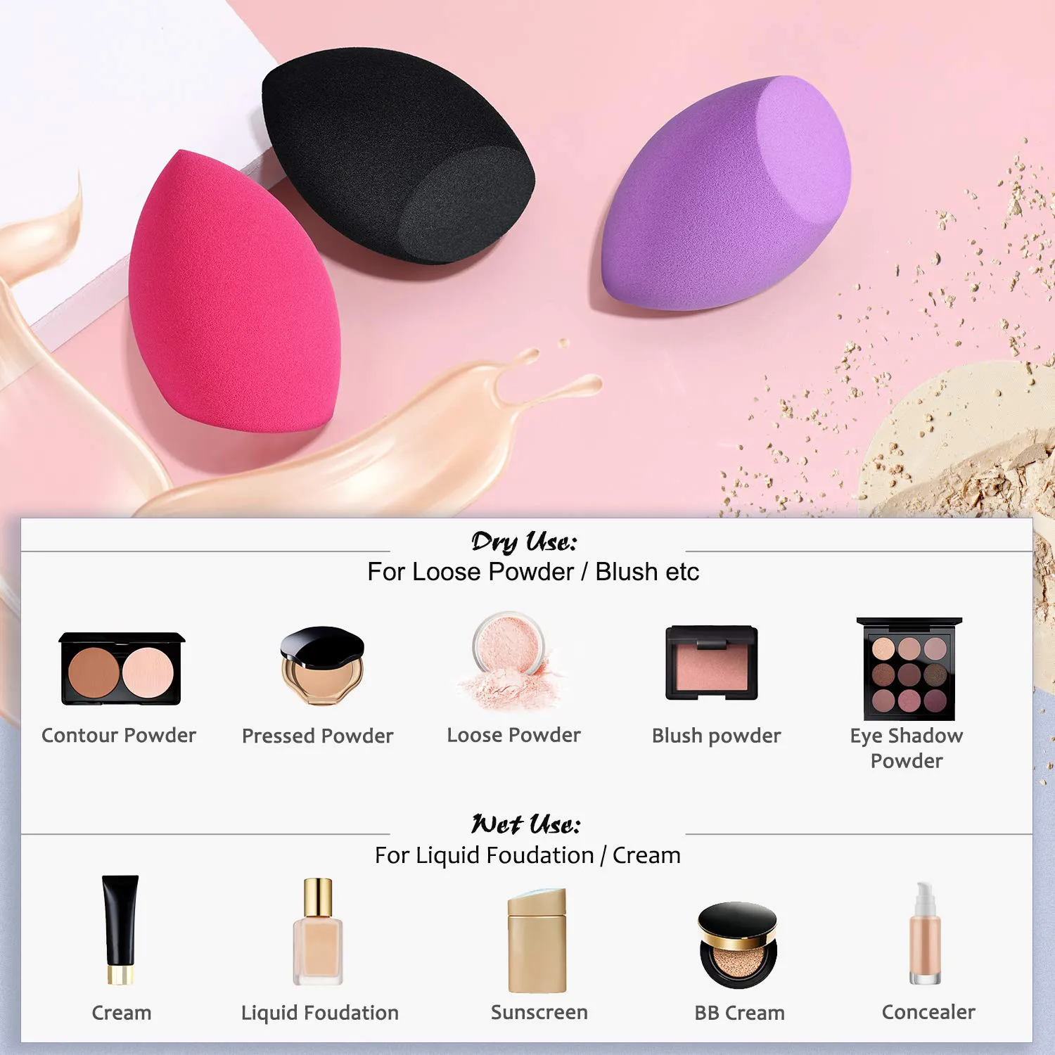 Makeup Sponges, Larbois 3-Pack Blender Beauty Foundation Blending Sponge, Professional Beauty Makeup Set for Dry & Wet Use (Oblique, Red Black Purple)