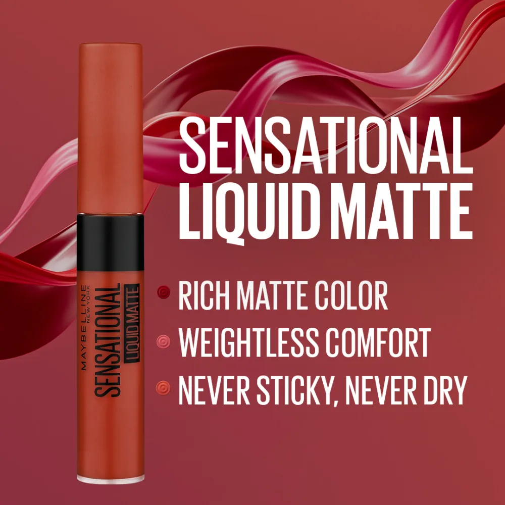 Maybelline New York Sensational Liquid Matte Lipstick, 12 More than Red, 7ml - Liquid Lipstick Shades Delivering Intense Matte Color Effect